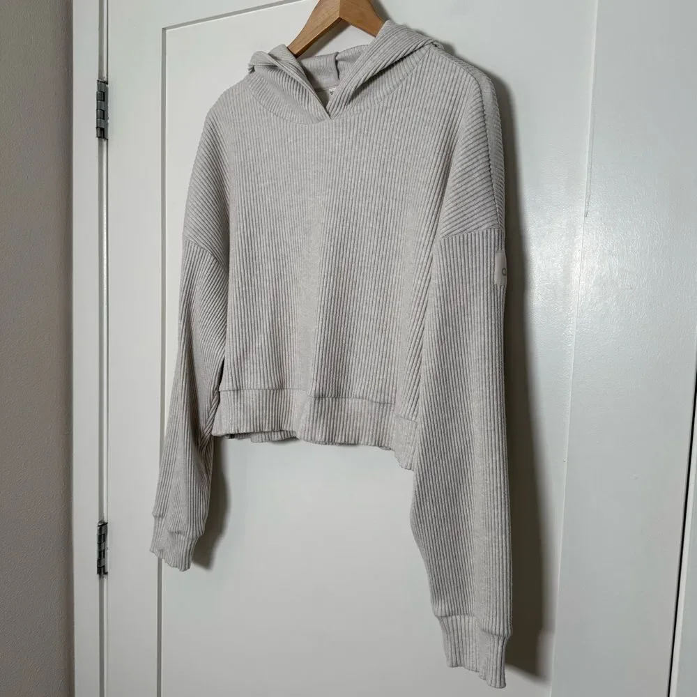 ALO Yoga Muse Cropped Hoodie Womens Sz L Gray Ribbed Long Sleeve Athleisure